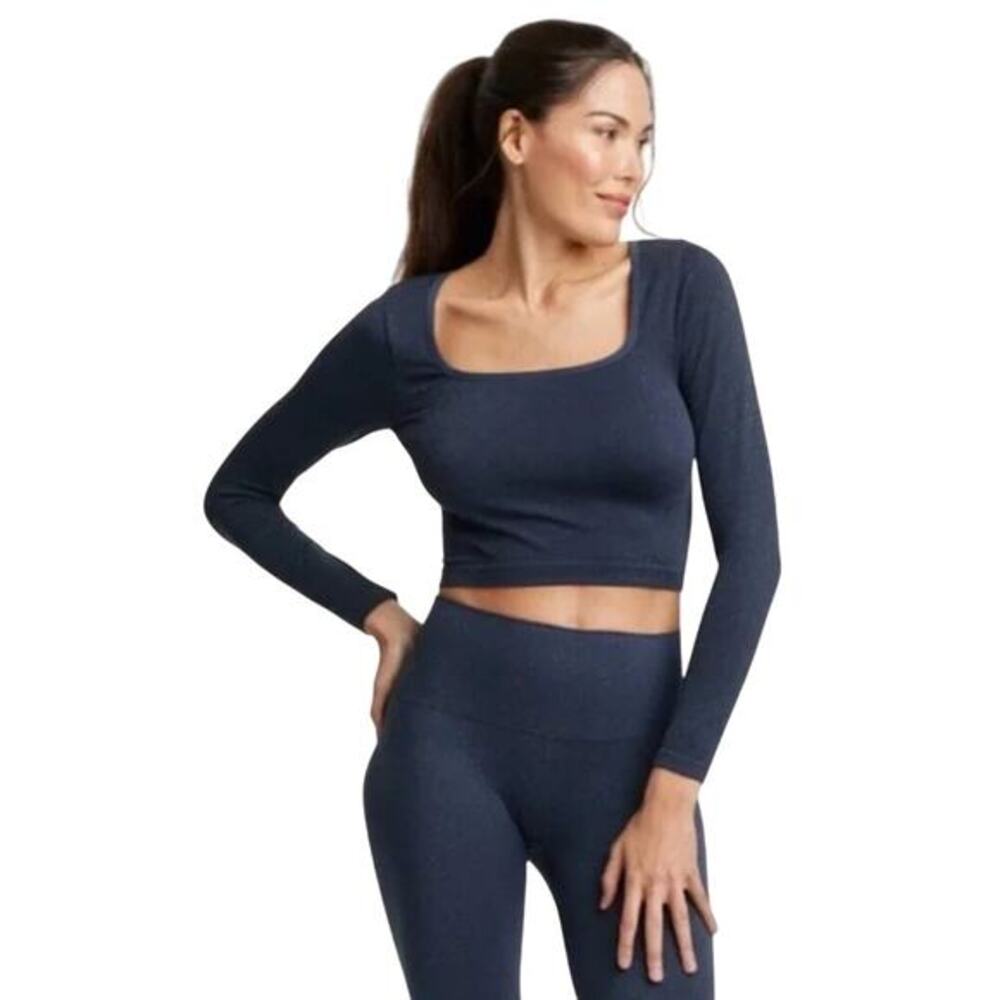 All In‎ Motion Women's Blue Stretchy Square Neck Long Sleeve Crop Top Medium